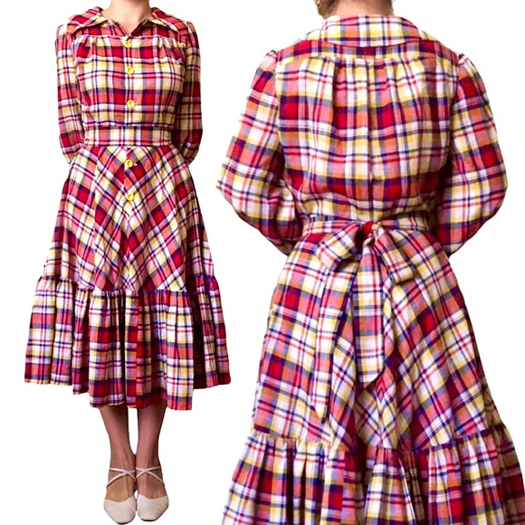 Vintage Handmade Western Cottagecore Plaid Tiered Midi Dress | Small - Picture 2 of 8